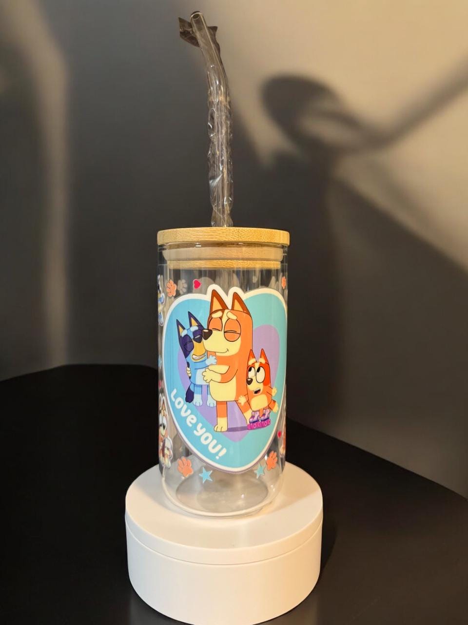 Blue Dog Design Glass Cup with Straw