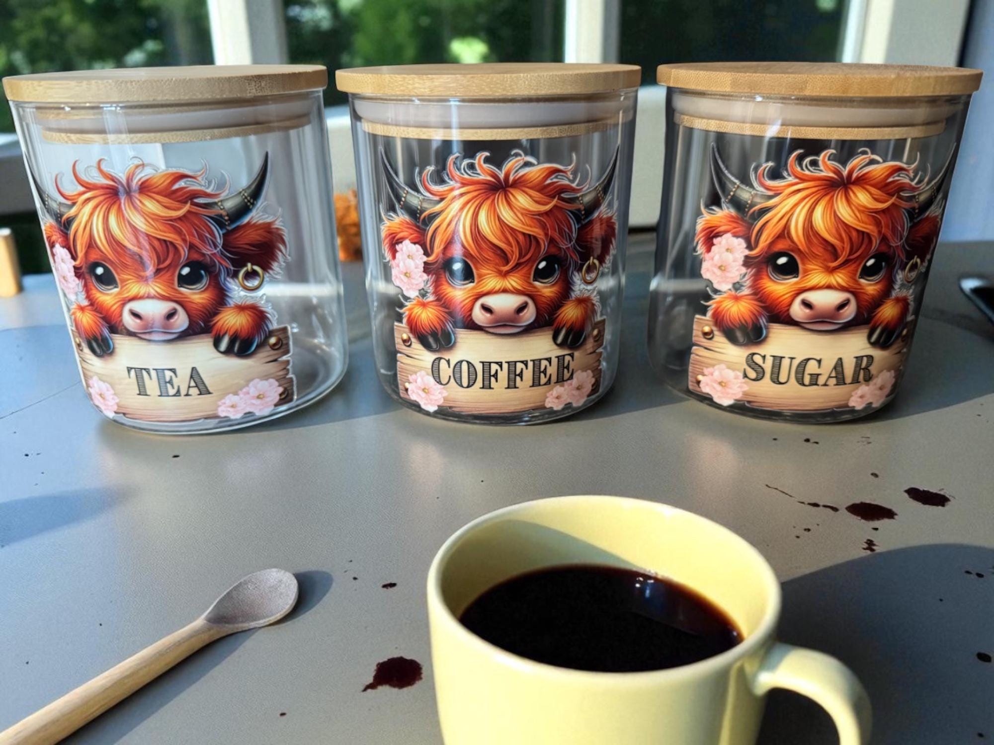 Tea, Coffee Sugar Glass Canisters with Bamboo Lid
